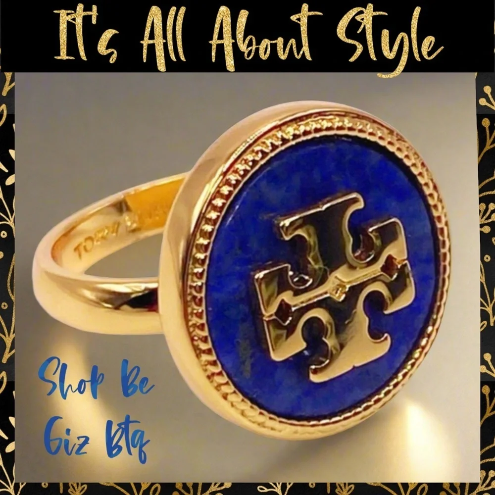 🆕 Tory Burch Authentic Gold And Blue Lapis Lazuli Round With Logo Ring Size 7